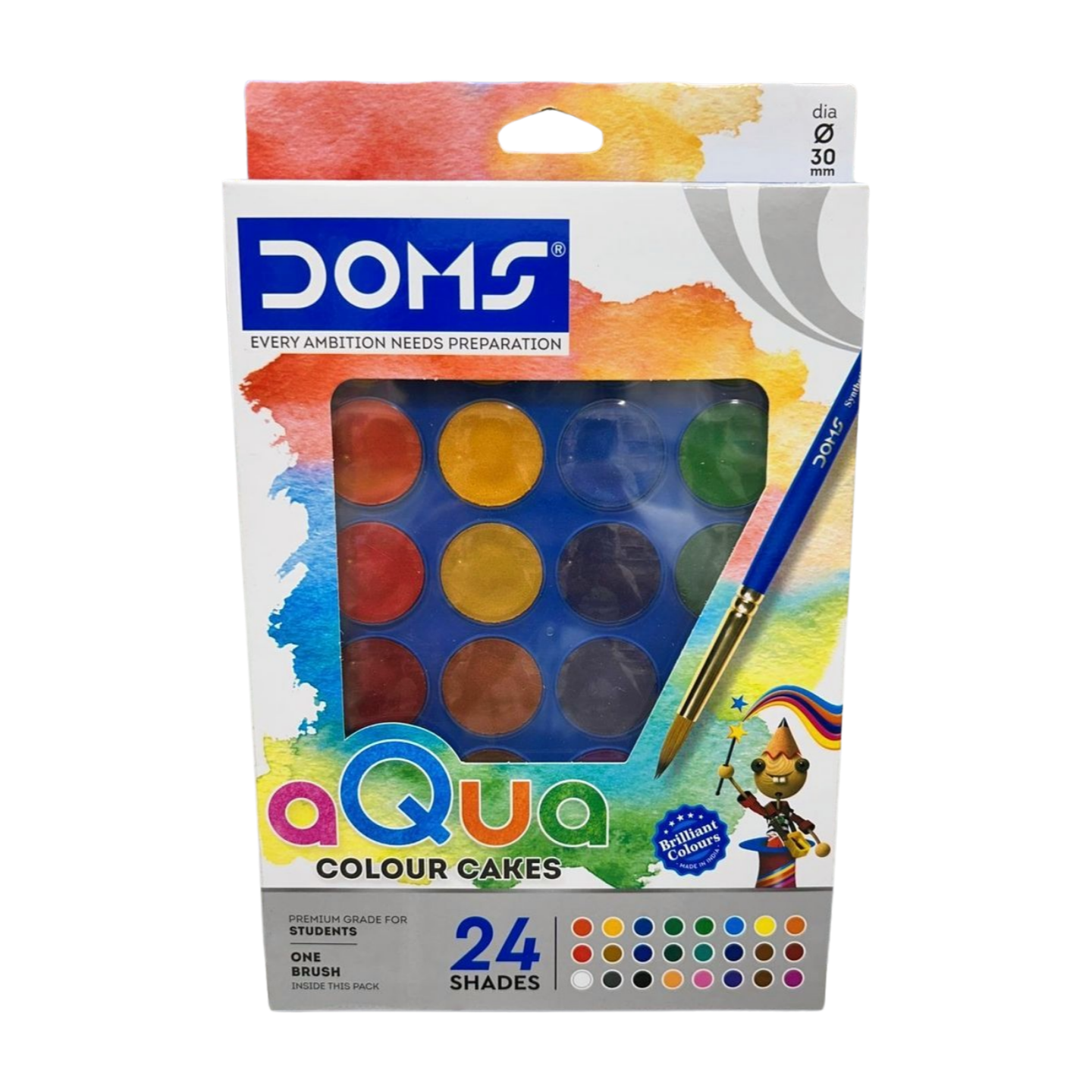Doms Watercolor Cake Set - 12 Shades/24 Shades, 30mm Organic Rich Color Pigments, Easy Use Palette Lid, Non-Toxic & Safe for Kids, Includes Free Brush, Pack of 1